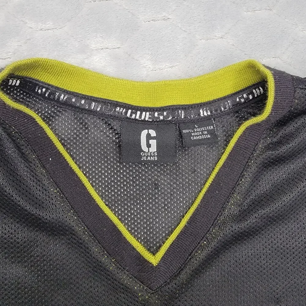 Guess American Tradition Mens L Black V Neck Mesh Jersey Shirt Sleeve Pocket - Picture 2 of 9